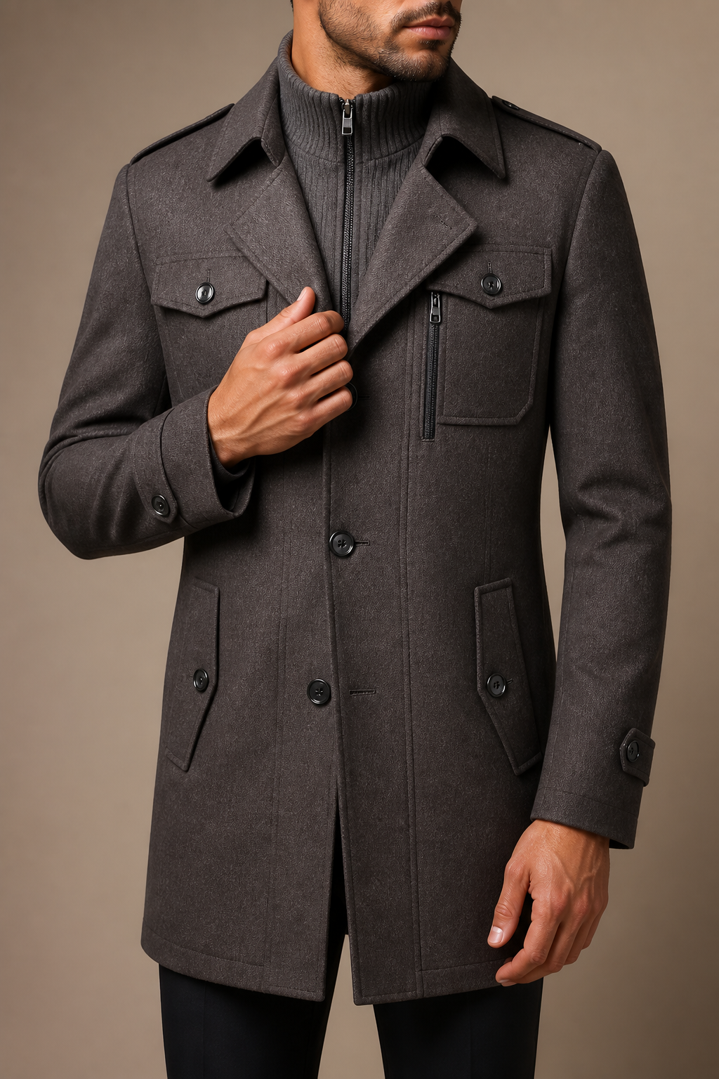 Men's Tailored Coat with Three Buttons and Inner Zip Panel