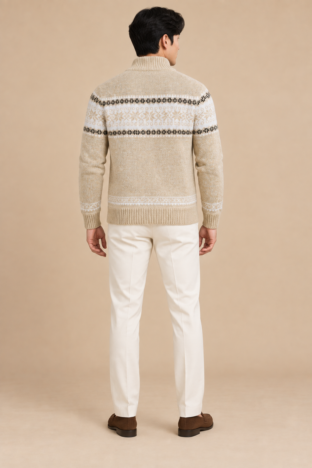 Men’s Fair Isle Knit Zip-Up Cardigan with Stand Collar