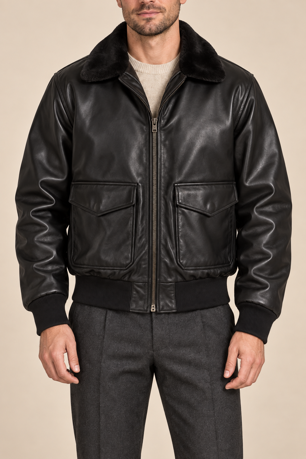 Men’s Faux-Leather Aviator Bomber Jacket with Contrast Collar