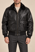 Men’s Faux-Leather Aviator Bomber Jacket with Contrast Collar