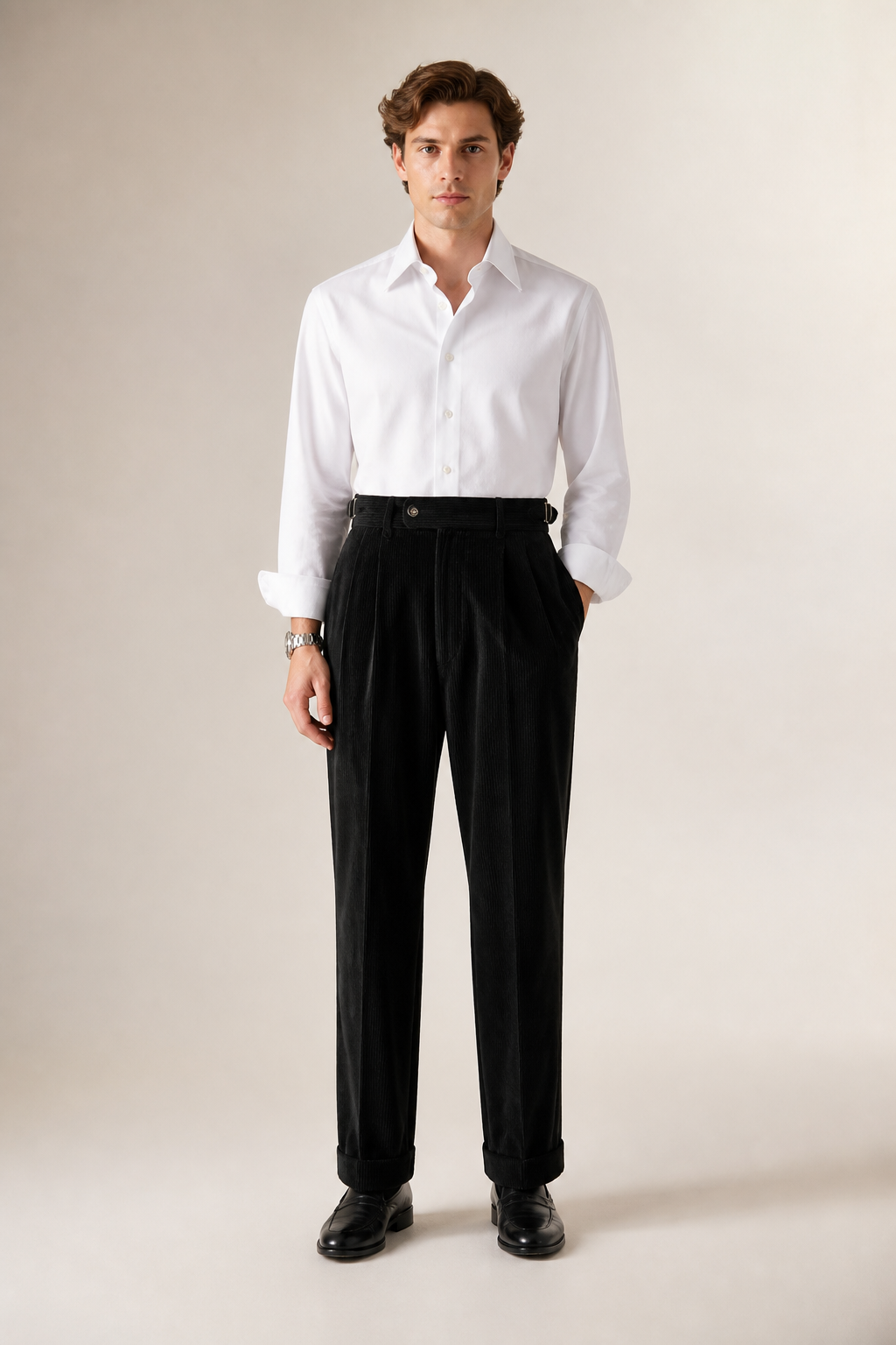 Men's Pleated Corduroy Trousers with High Waist