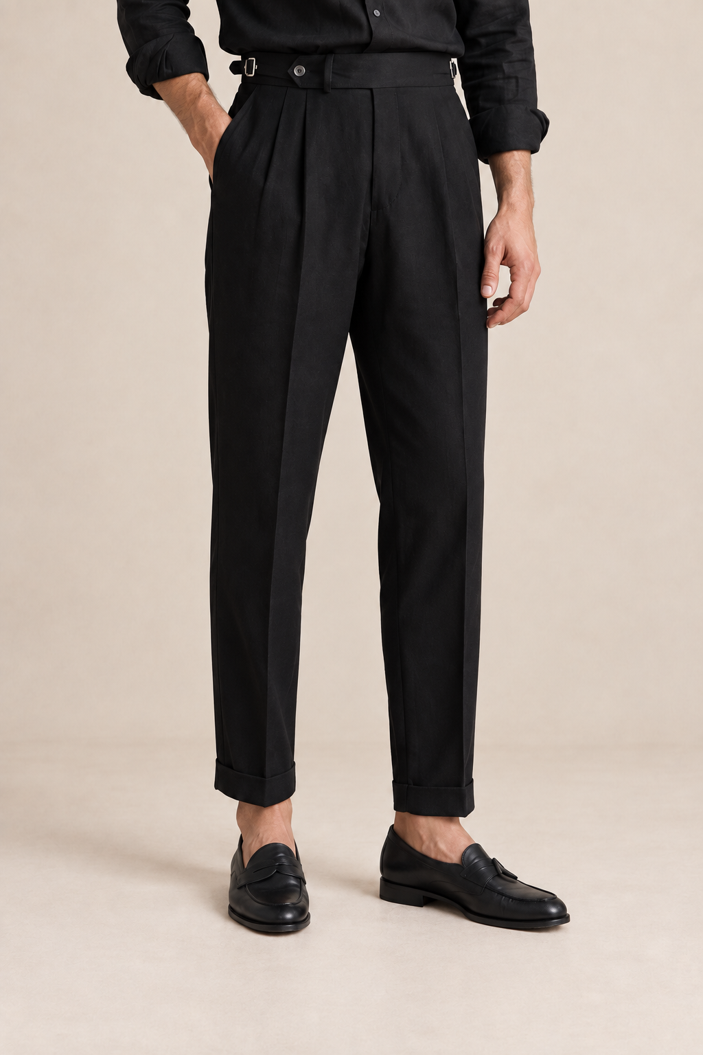 Men's Pleated Trousers with Side Adjusters and Ankle-Length Leg