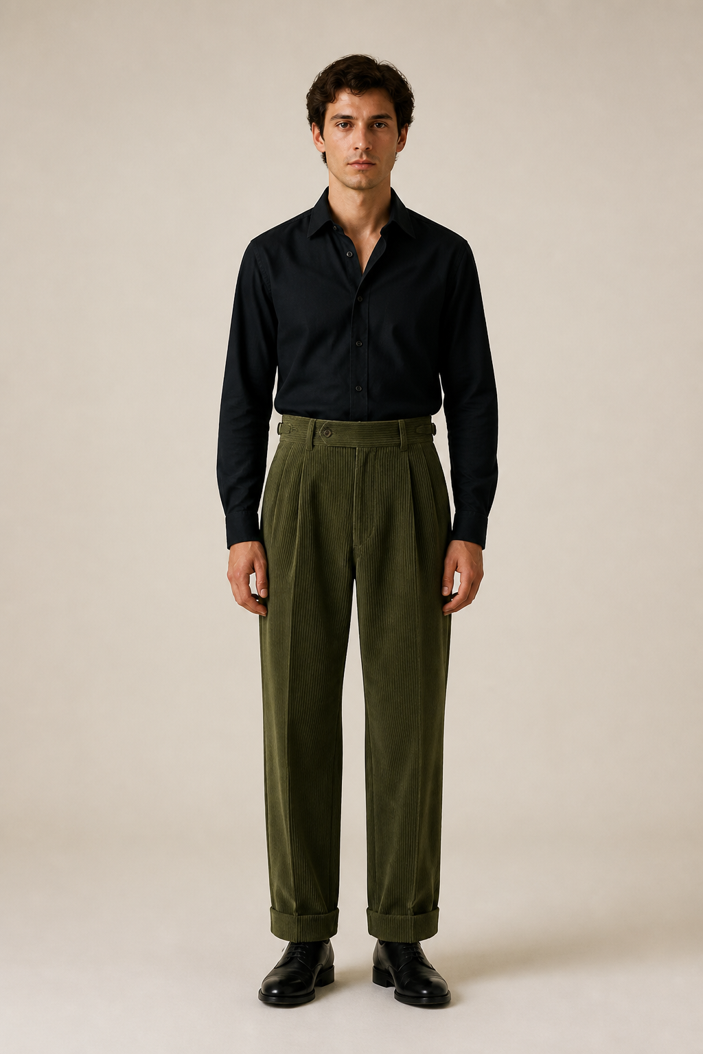 Men's Pleated Corduroy Trousers with High Waist