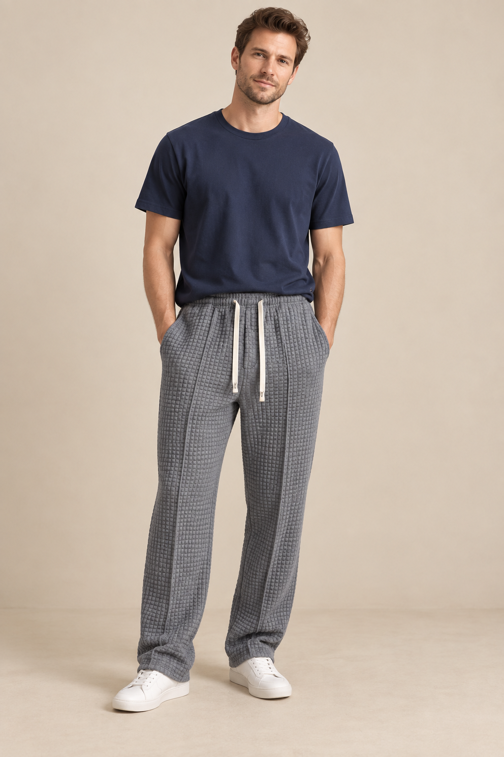 Men’s Waffle-Knit Wide-Leg Trousers with Drawstring Waist
