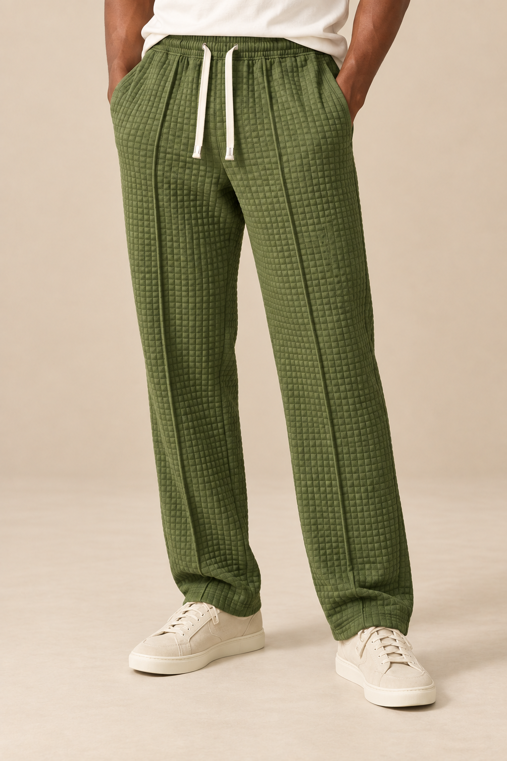 Men’s Waffle-Knit Wide-Leg Trousers with Drawstring Waist