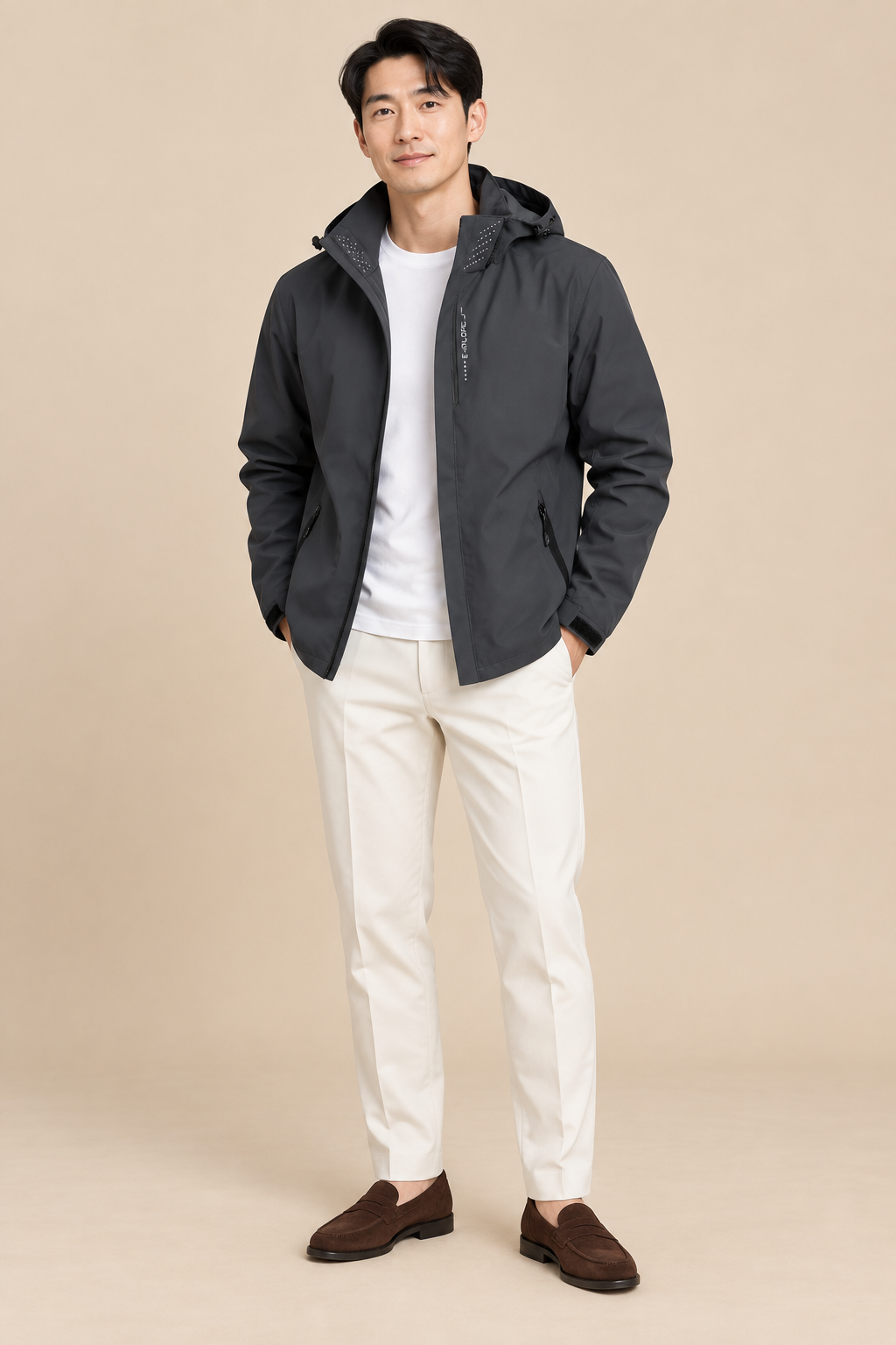 Men’s Hooded Zip-Up Rain Jacket with High Collar