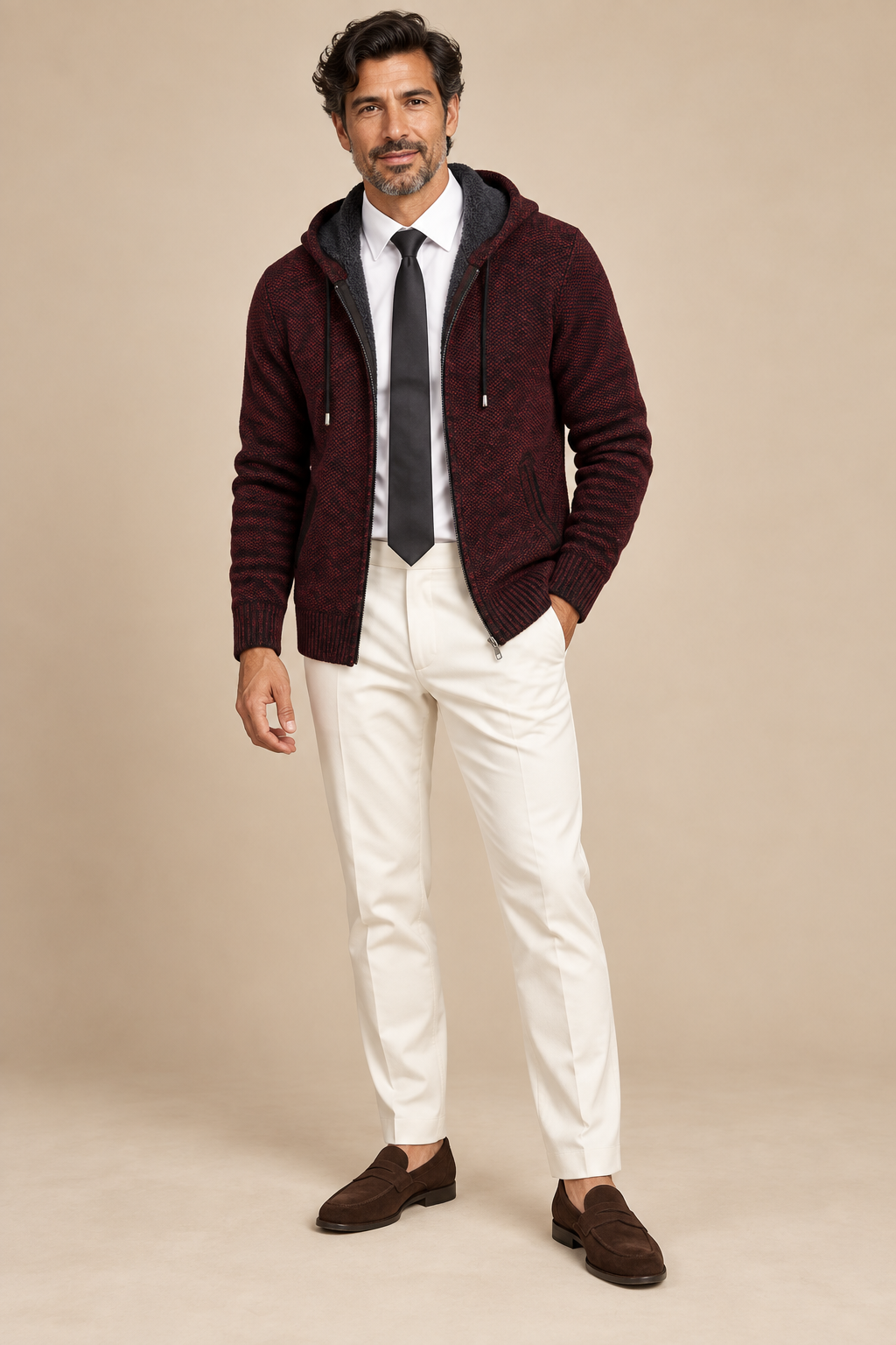 Men’s Hooded Knit Zip-Up Cardigan with Front Pockets