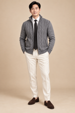 Men’s Cable Knit Zip-Up Cardigan with Stand Collar