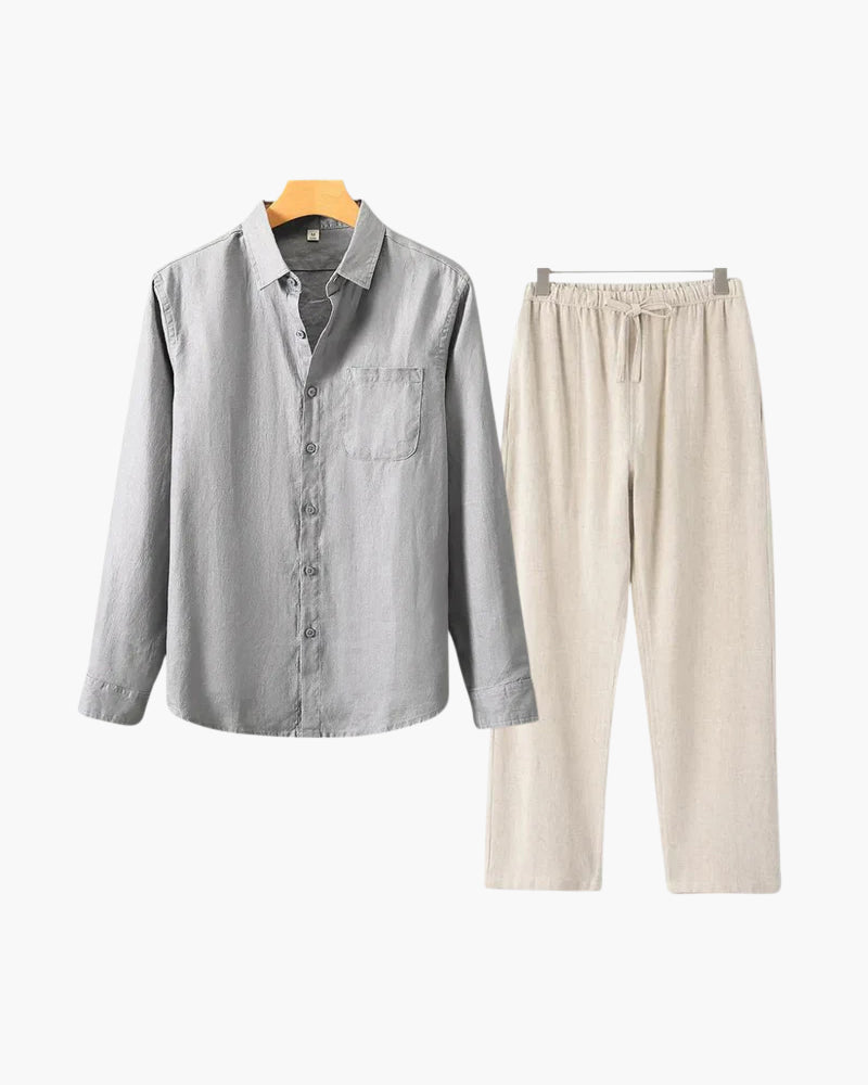 Men's Co-ord Set with Long Sleeve Shirt and Drawstring Trousers