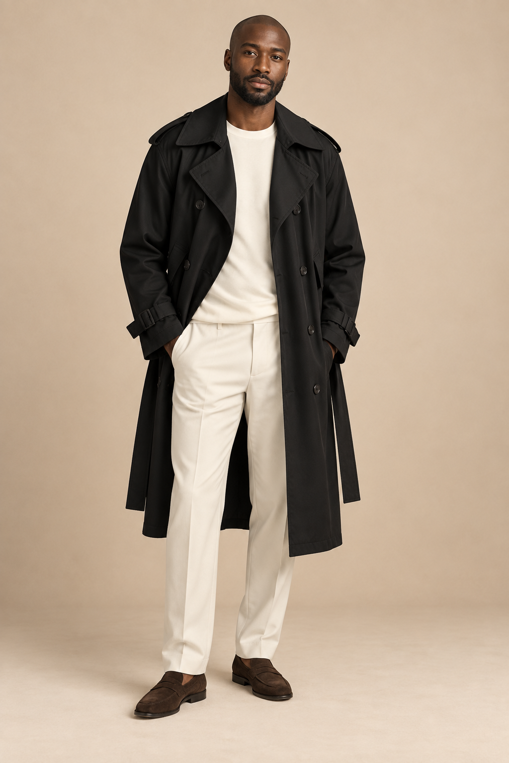Men’s Double-Breasted Trench Coat with Waist Belt