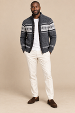 Men’s Fair Isle Knit Zip-Up Cardigan with Stand Collar