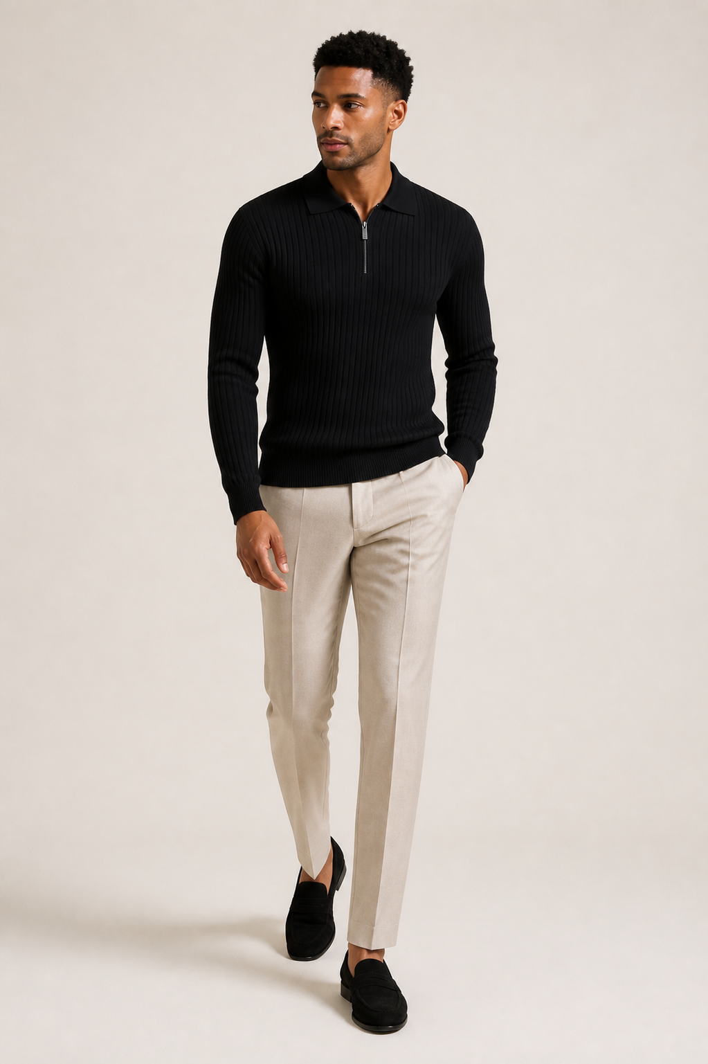 Men's Ribbed Half Zip Jumper with Polo Collar