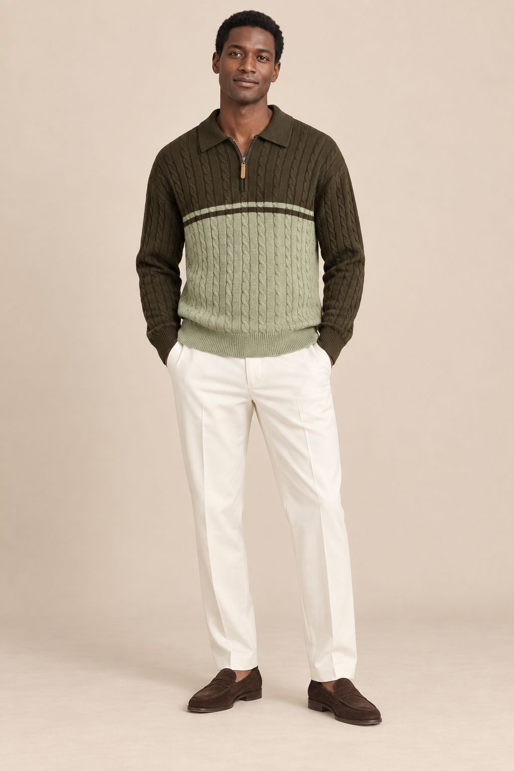 Men’s Cable Knit Quarter-Zip Jumper with Contrast Panel