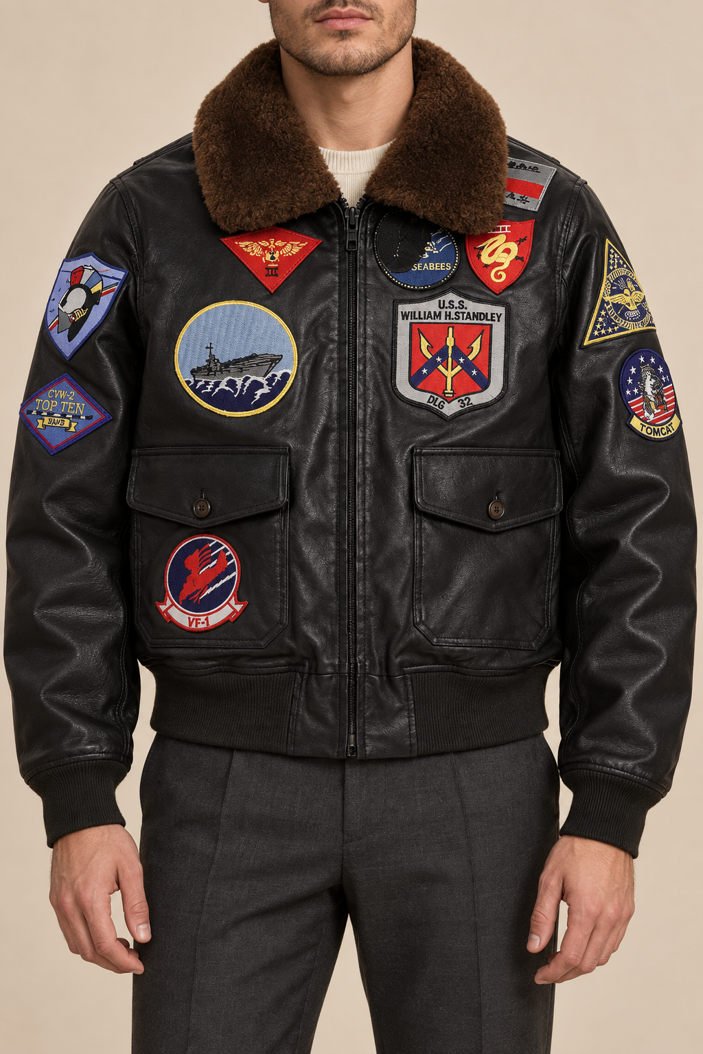 Men’s Aviator Bomber Jacket with Patches and Contrast Collar