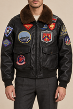 Men’s Aviator Bomber Jacket with Patches and Contrast Collar