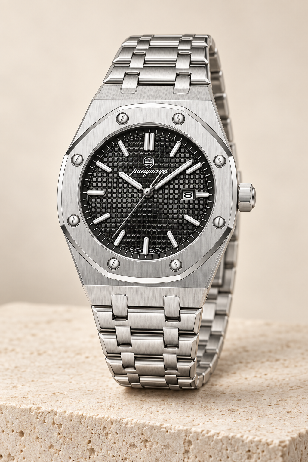 Men’s Stainless Steel Quartz Watch with Integrated Bracelet and Date Display