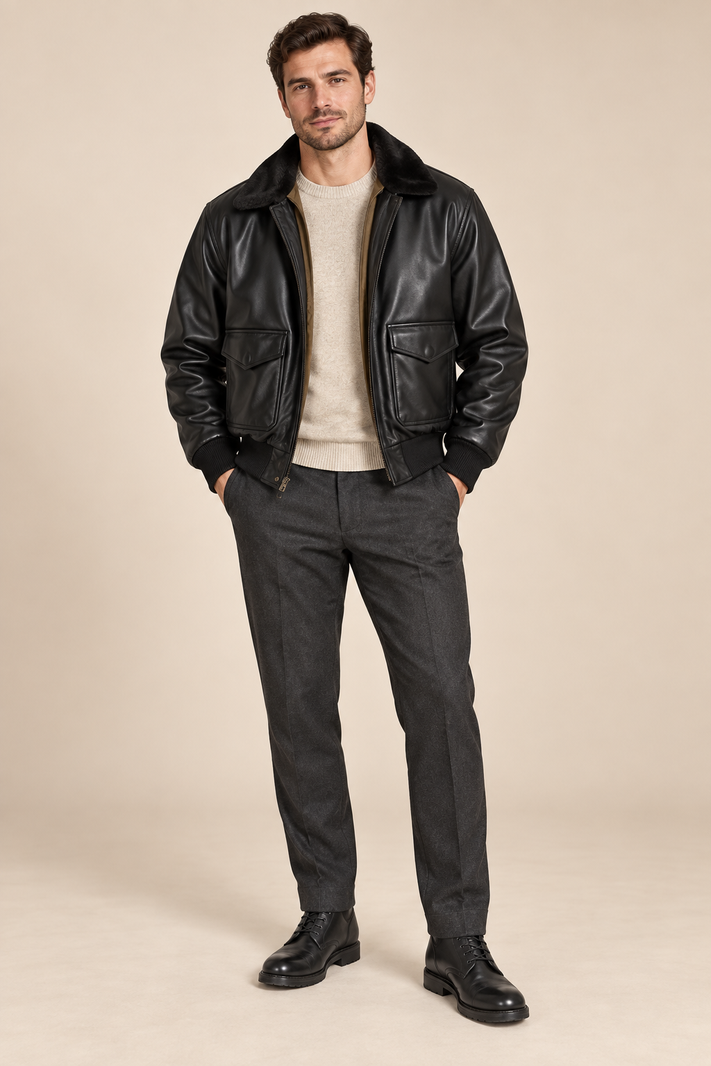 Men’s Faux-Leather Aviator Bomber Jacket with Contrast Collar