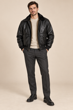 Men’s Faux-Leather Aviator Bomber Jacket with Contrast Collar