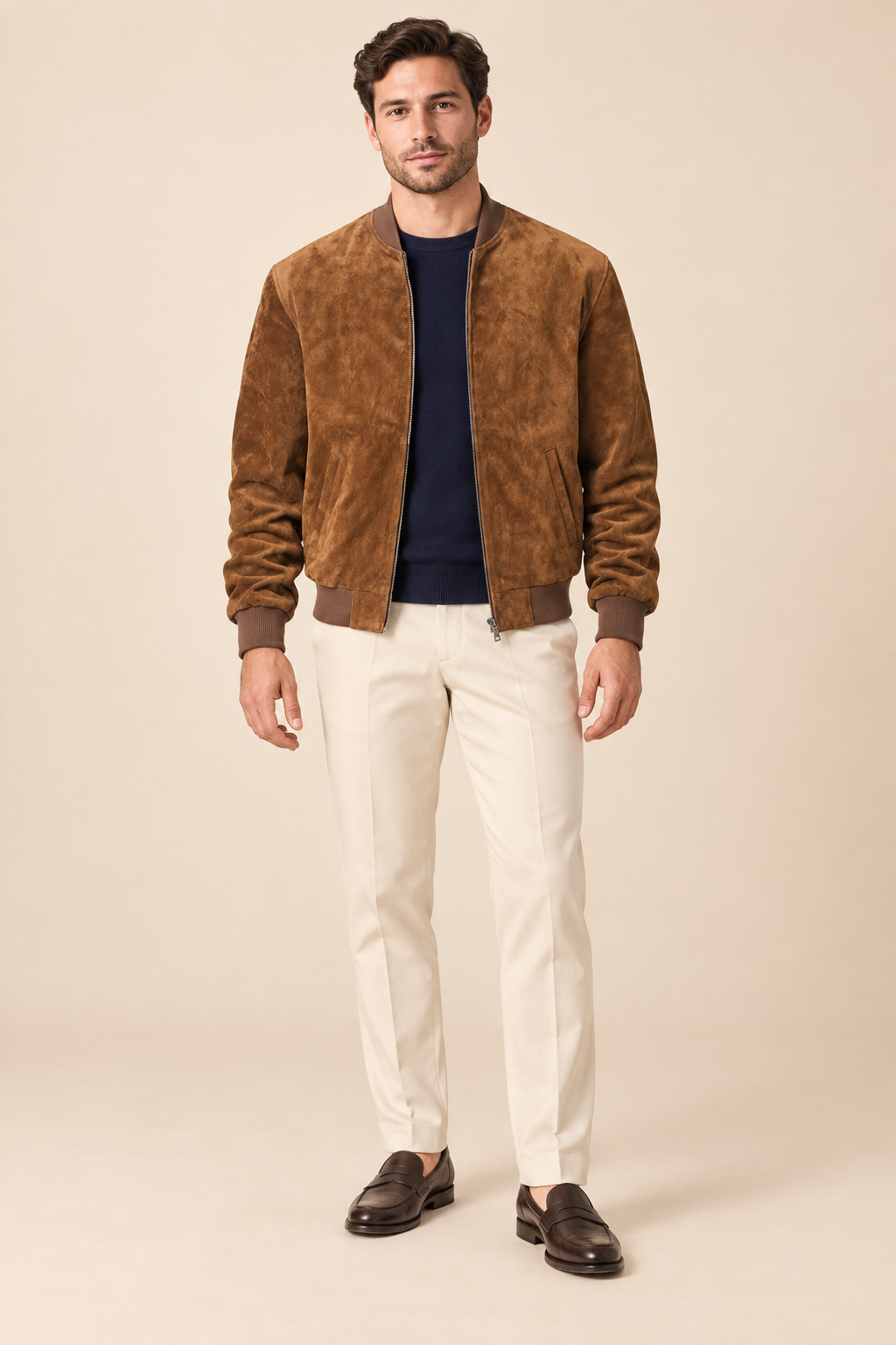 Men’s Suede-Finish Pigskin Leather Bomber Jacket with Ribbed Trims