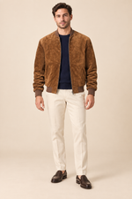 Men’s Suede-Finish Pigskin Leather Bomber Jacket with Ribbed Trims