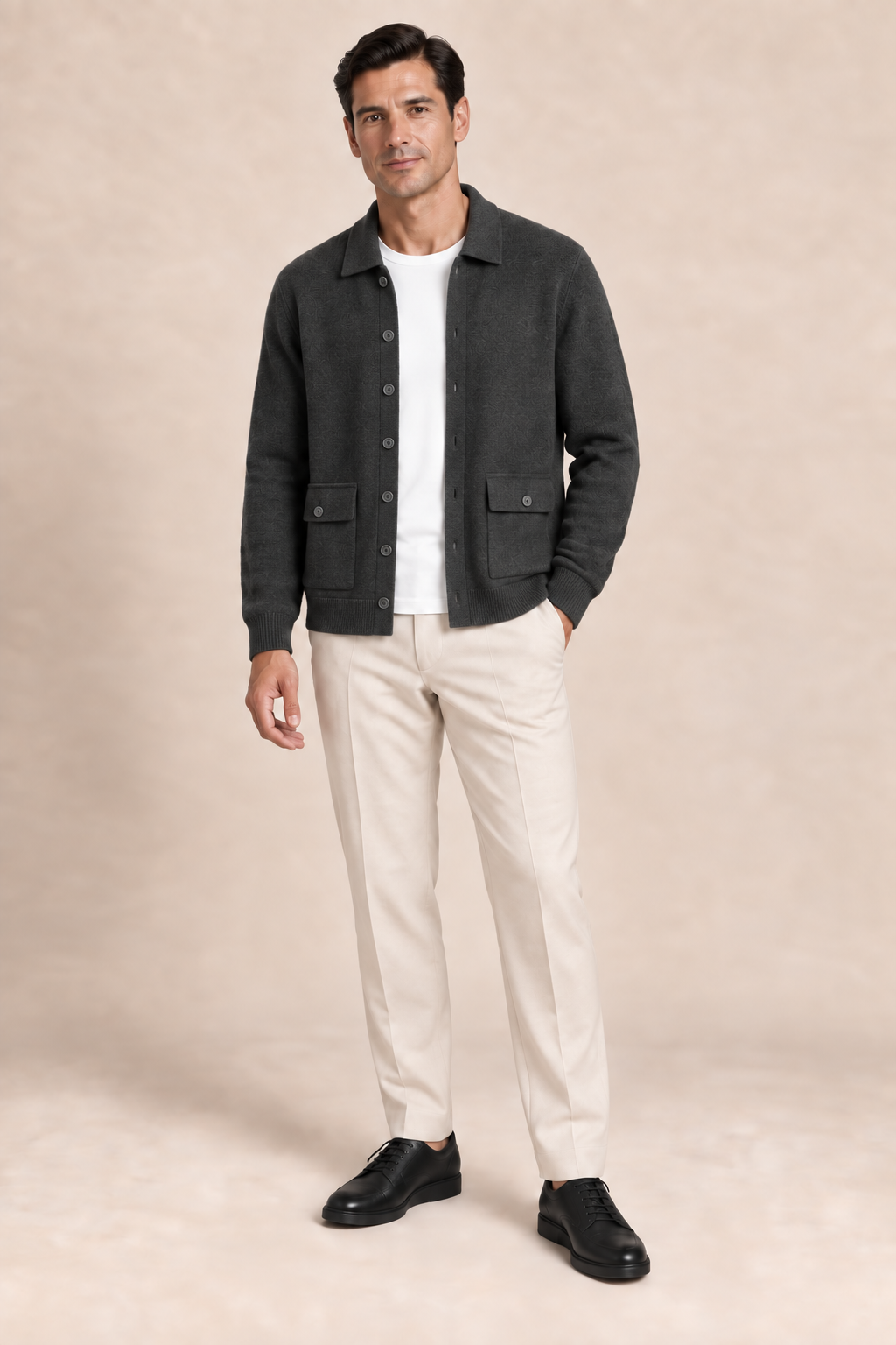 Men’s 100% Cashmere Knitted Cardigan with Turn-Down Collar
