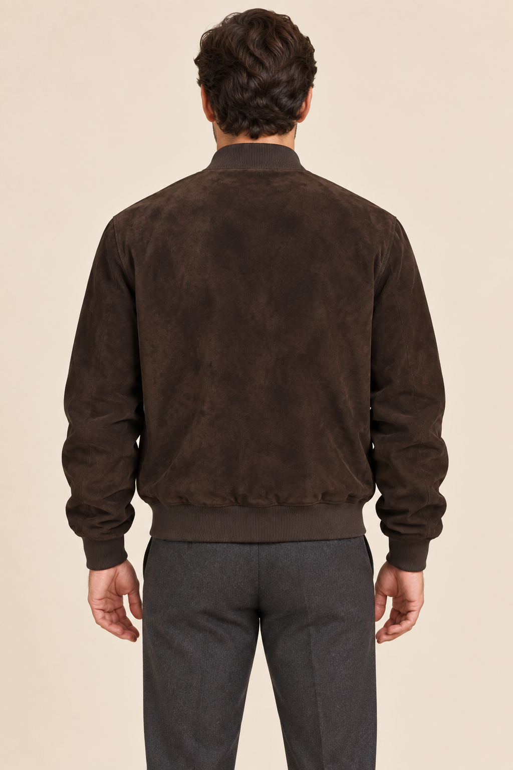 Men’s Suede-Finish Pigskin Leather Bomber Jacket with Ribbed Trims