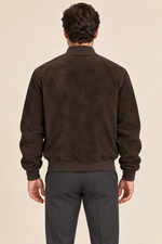 Men’s Suede-Finish Pigskin Leather Bomber Jacket with Ribbed Trims