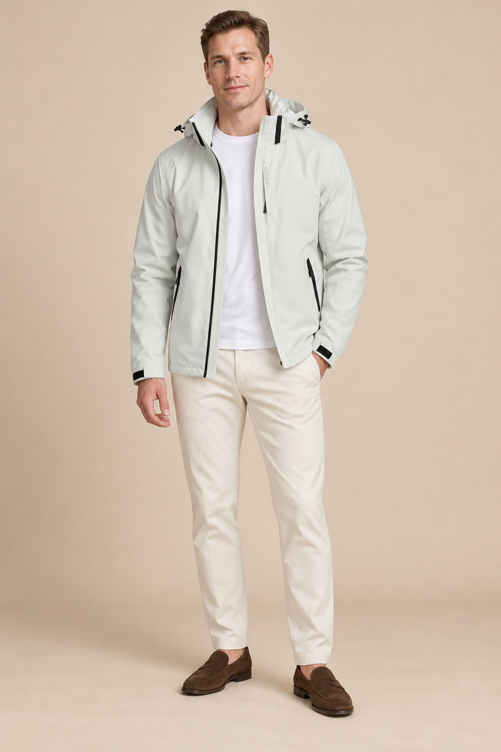 Men’s Hooded Zip-Up Rain Jacket with High Collar