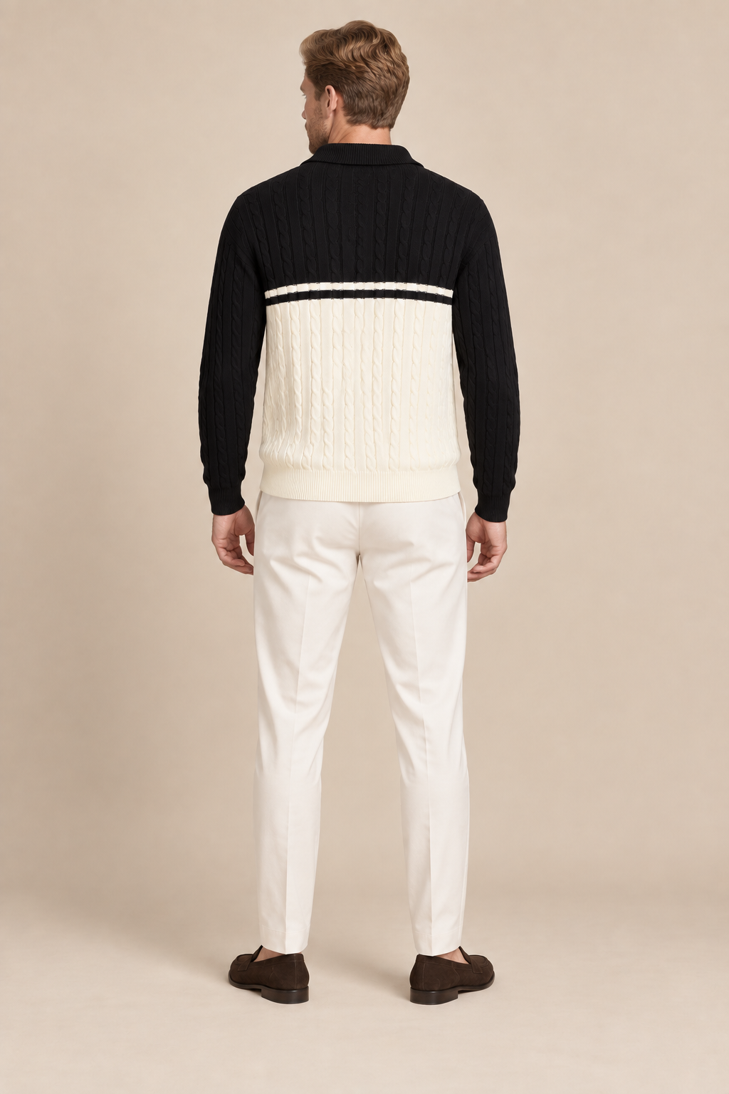 Men’s Cable Knit Quarter-Zip Jumper with Contrast Panel