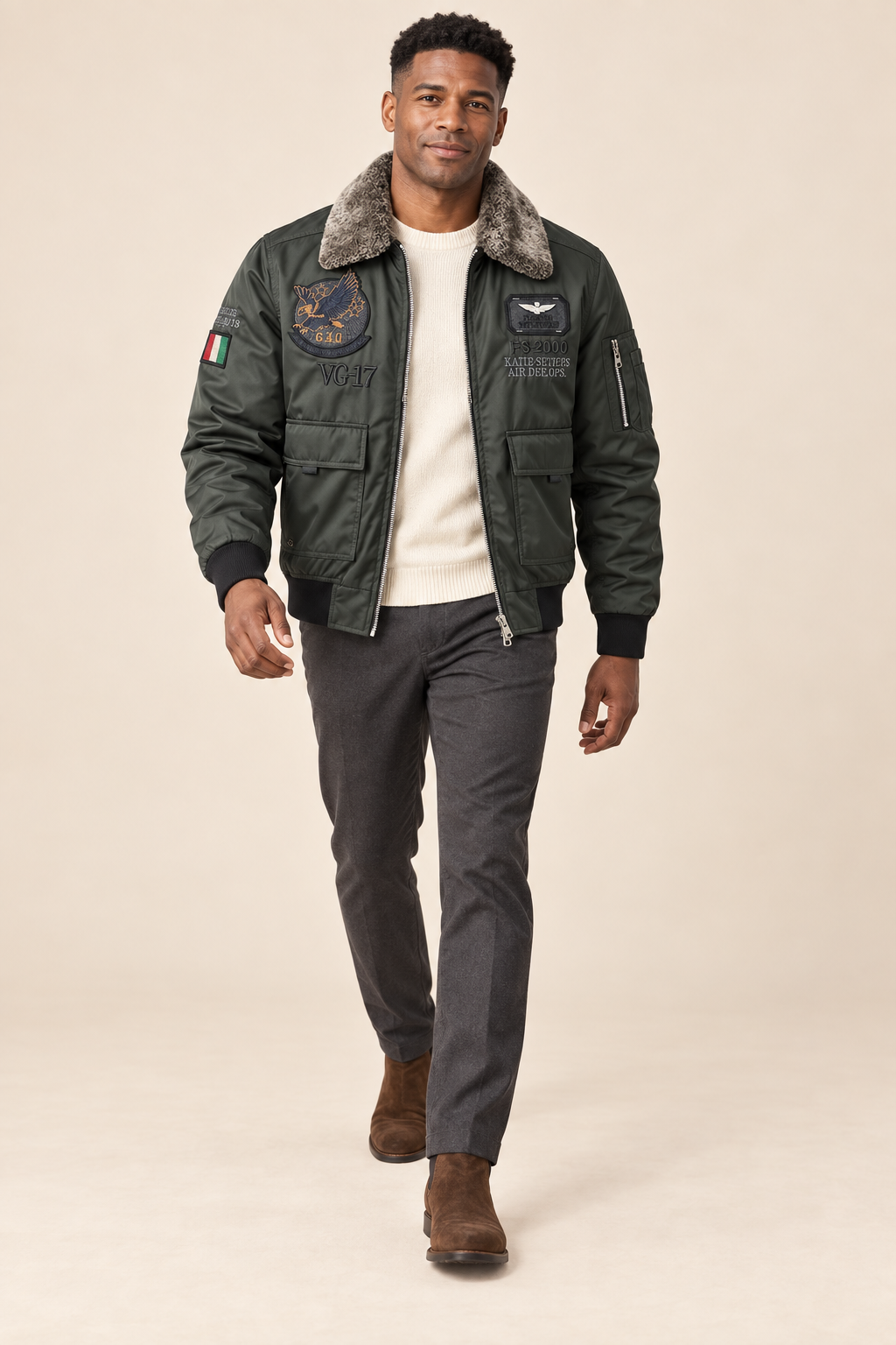 Men’s Padded Aviator Bomber Jacket with Patches and Contrast Collar