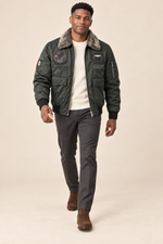 Men’s Padded Aviator Bomber Jacket with Patches and Contrast Collar