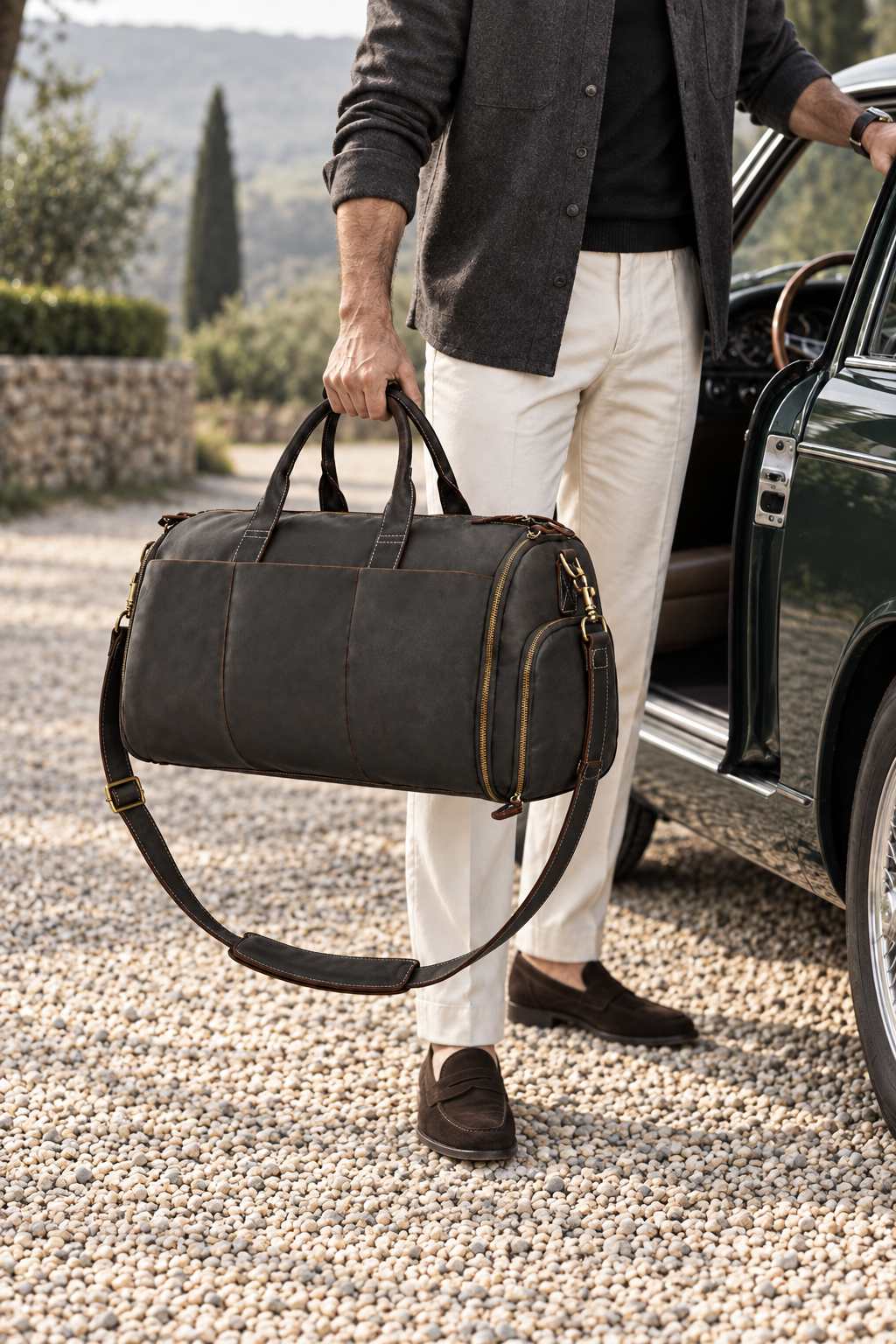 Men's Duffle Bag with Shoulder Strap - Dark Brown