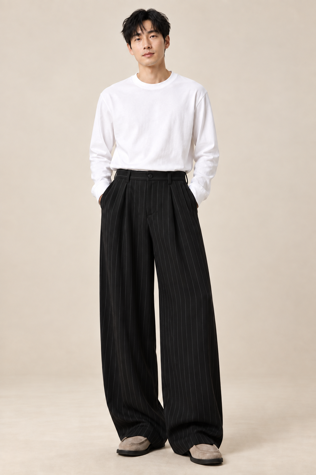 Men’s Pinstripe Wide-Leg Tailored Trousers