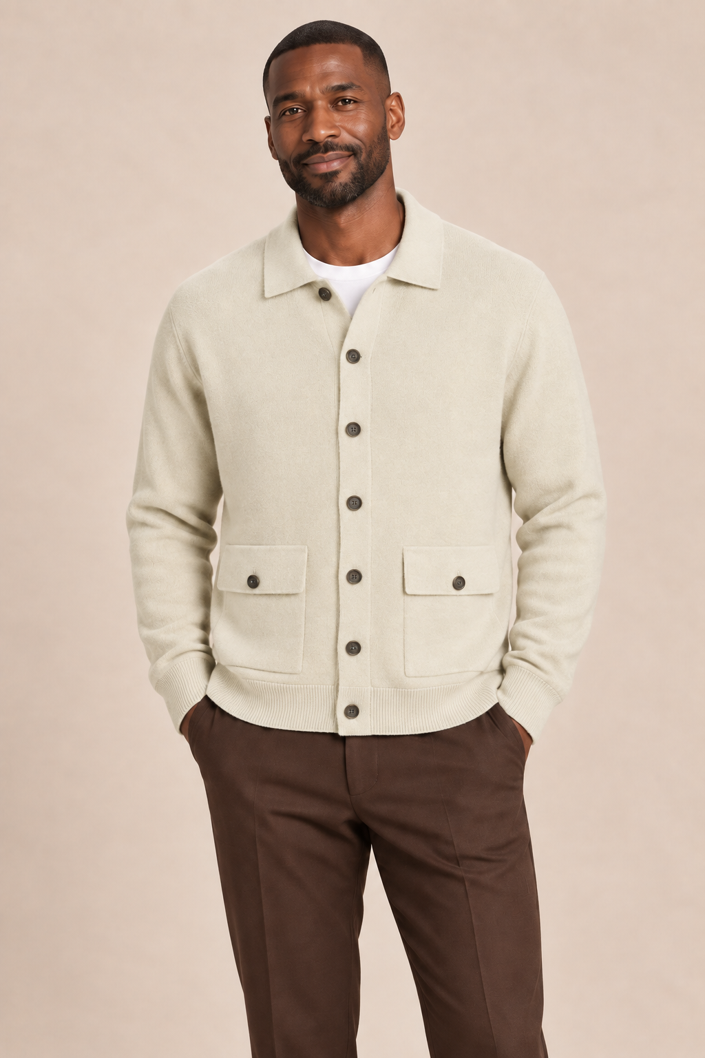 Men’s 100% Cashmere Knitted Cardigan with Turn-Down Collar