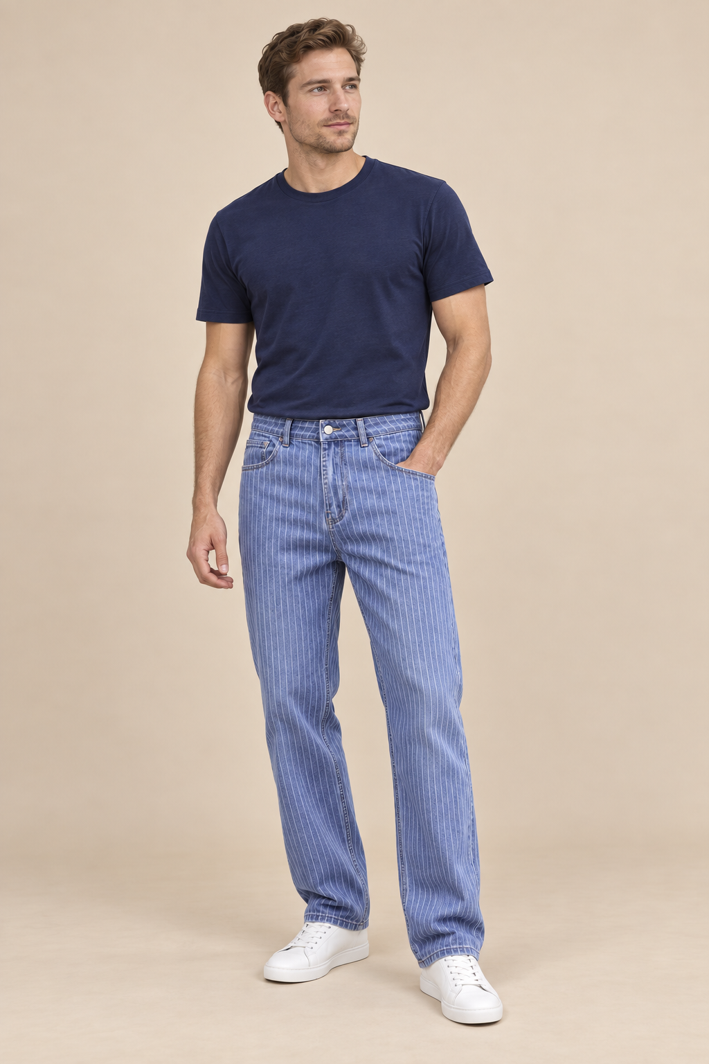 Men’s Pinstripe Stretch Denim Jeans with Slim Fit