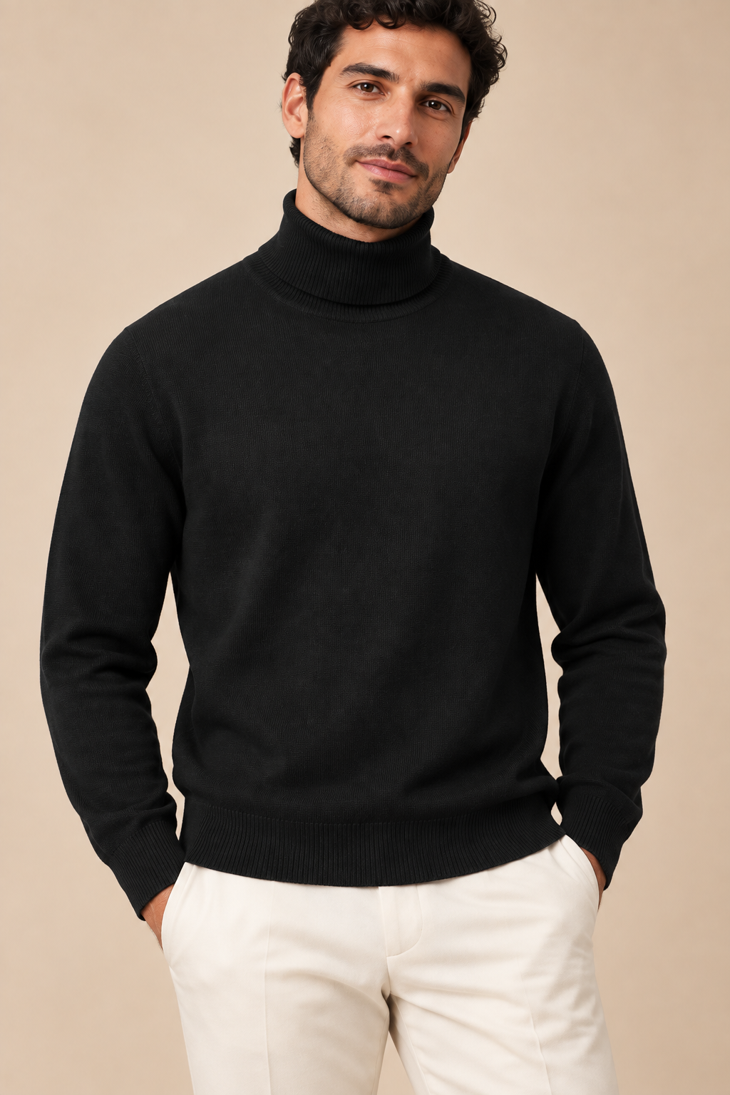 Men’s Fine Knit Roll-Neck Jumper with Long Sleeves