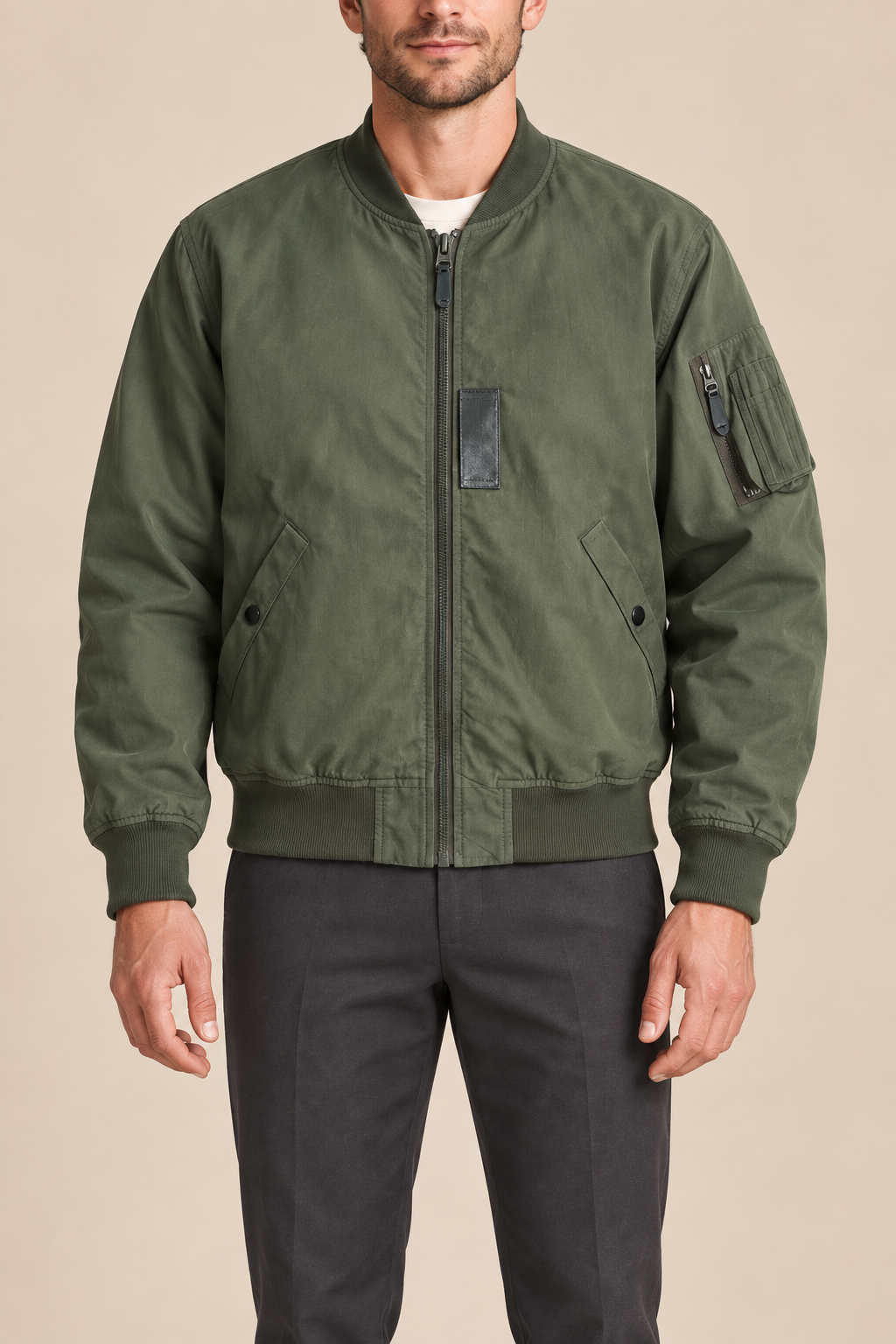 Men’s Cotton MA-1 Zip-Up Bomber Jacket with Sleeve Pocket