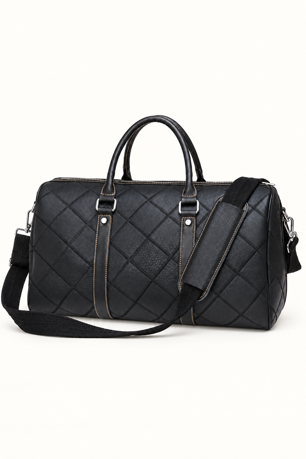 Men's Quilted Duffle Bag with Shoulder Strap - Black