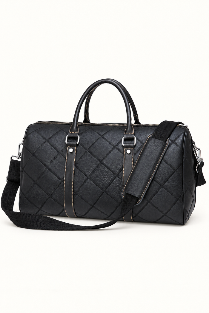 Men's Quilted Duffle Bag with Shoulder Strap - Black