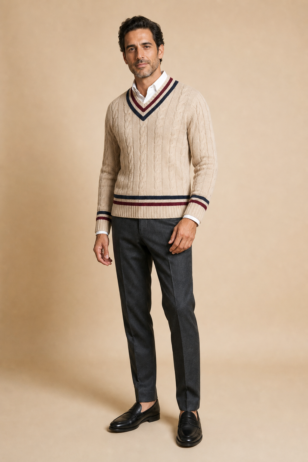 Men's Cable Knit V Neck Jumper with Contrast Trim
