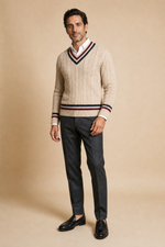 Men's Cable Knit V Neck Jumper with Contrast Trim
