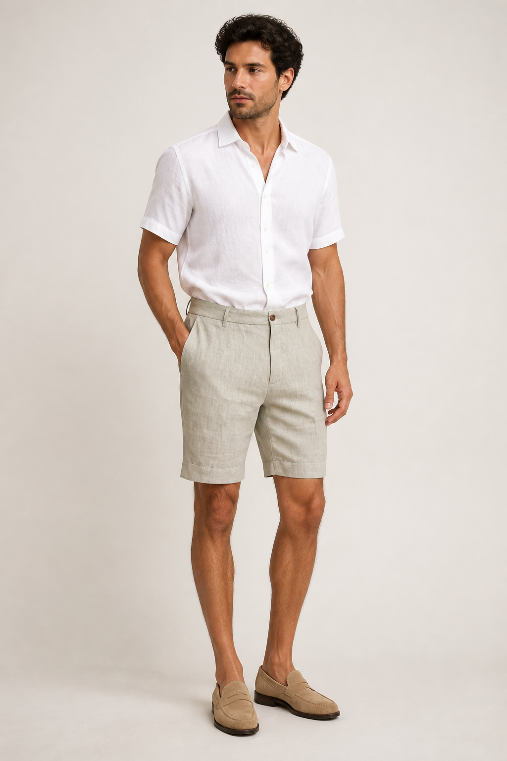 Men's Pleated Bermuda Shorts with Mid-Rise Waist