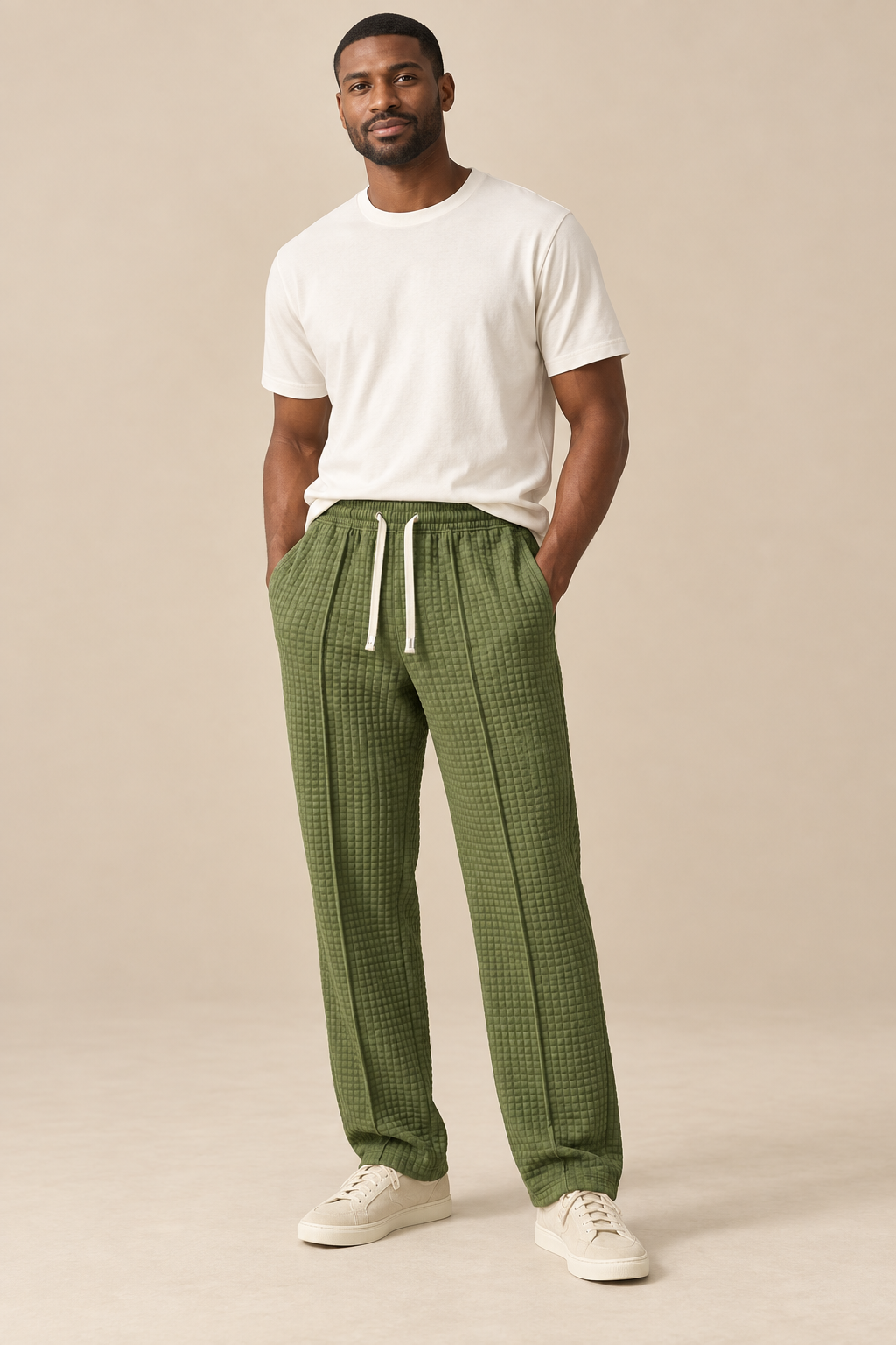 Men’s Waffle-Knit Wide-Leg Trousers with Drawstring Waist