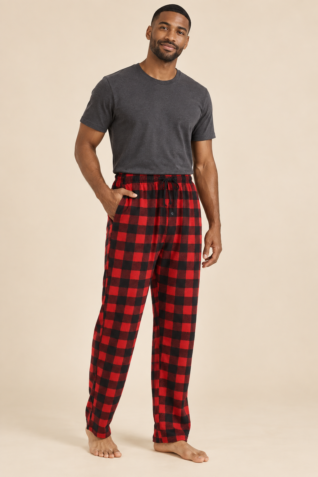 Men’s Plaid Fleece Pyjama Bottoms with Drawstring Waist
