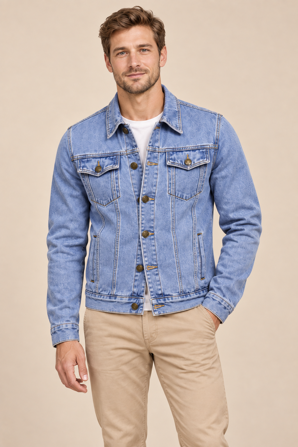 Men’s Classic Cotton Denim Jacket with Button Front and Chest Pockets