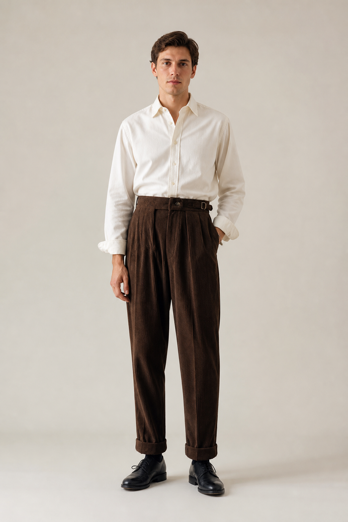 Men's Pleated Corduroy Trousers with High Waist