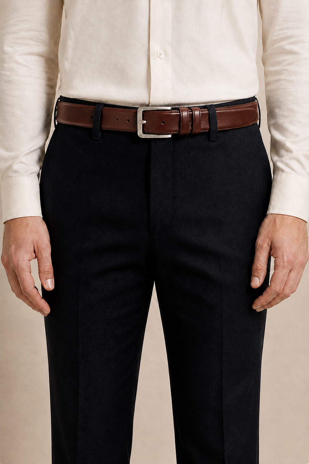 Men's Formal Belt with Metal Buckle and Tapered Tip