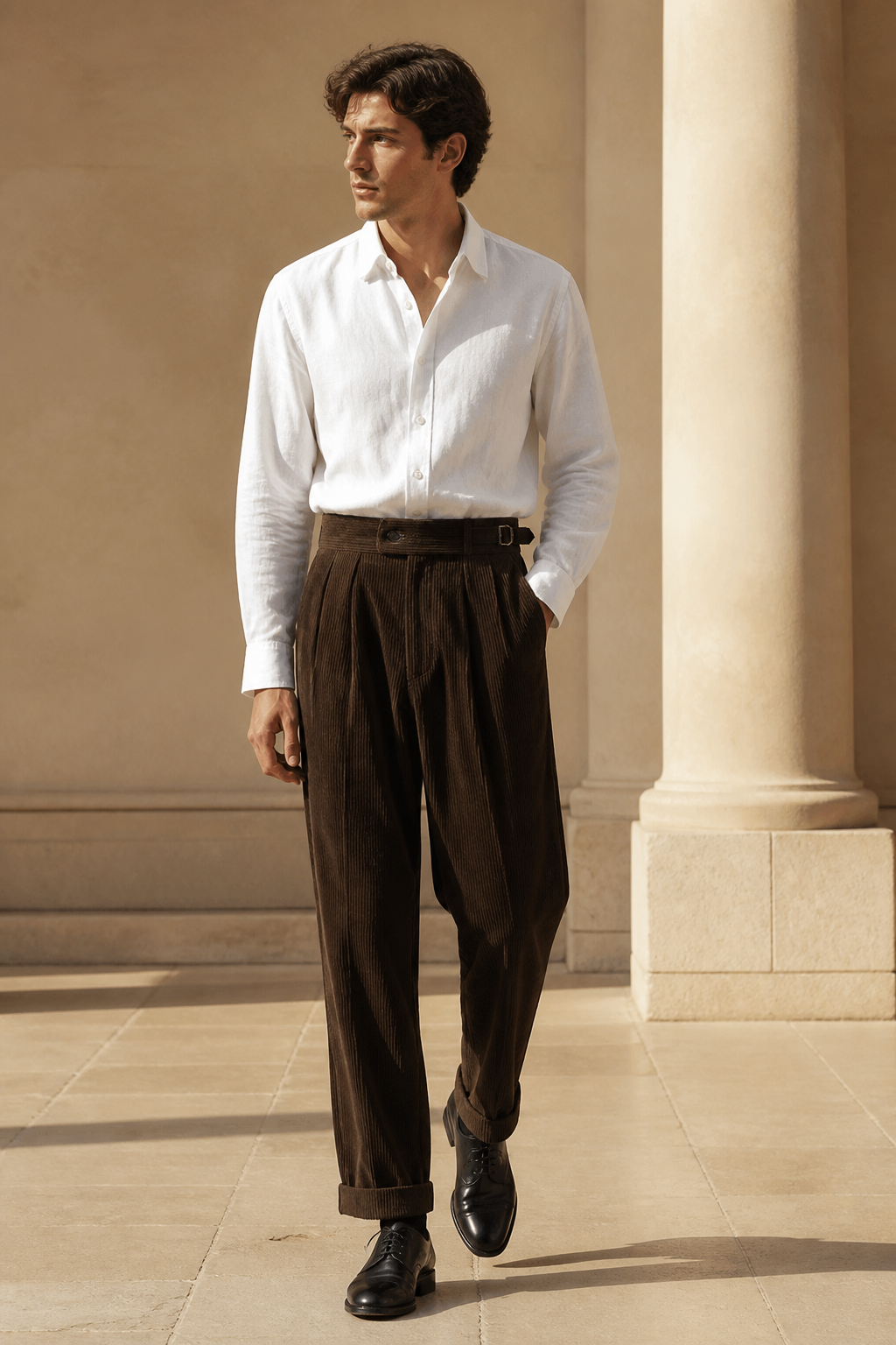 Men's Pleated Corduroy Trousers with High Waist