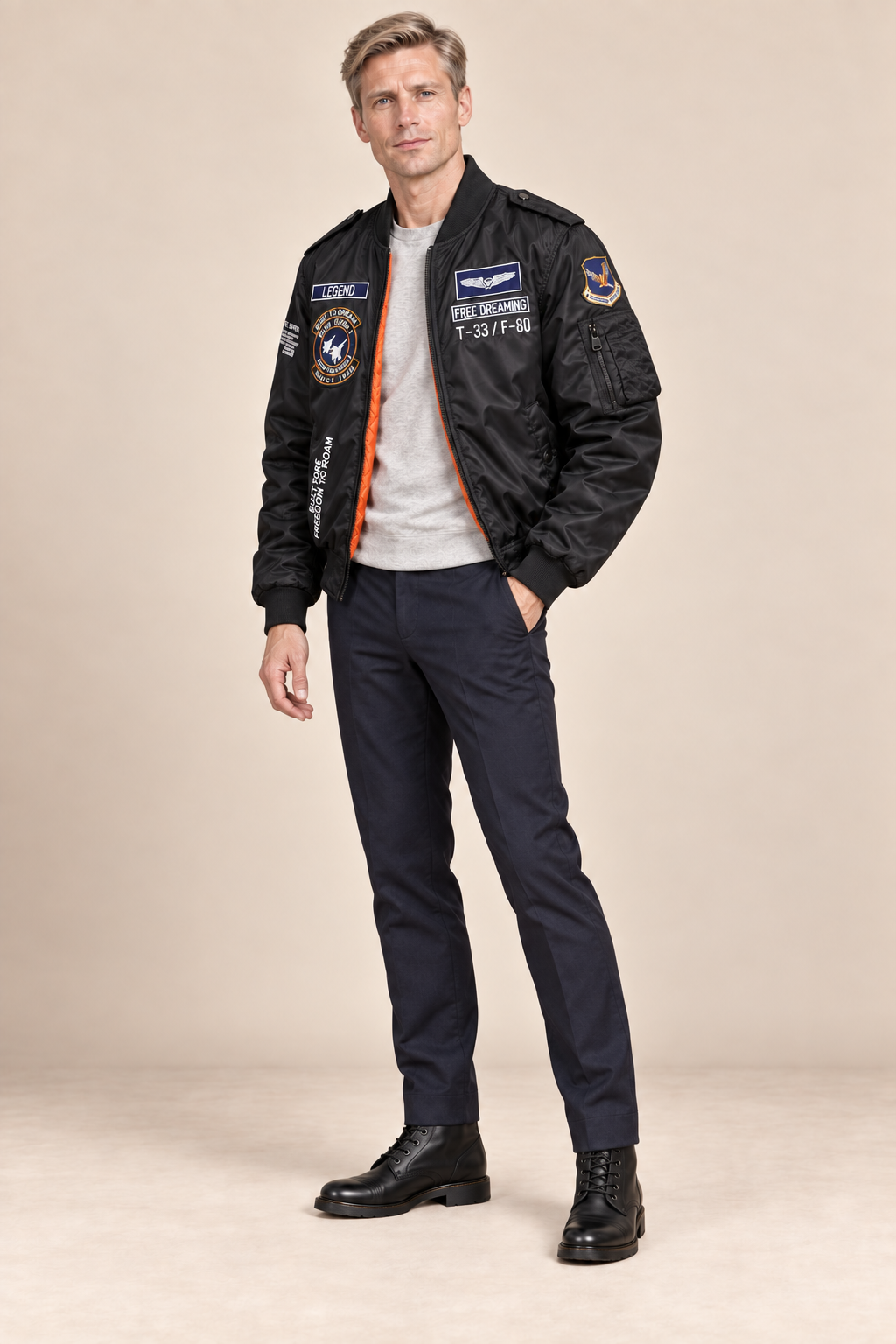 Men’s Padded MA-1 Zip-Up Bomber Jacket with Patches