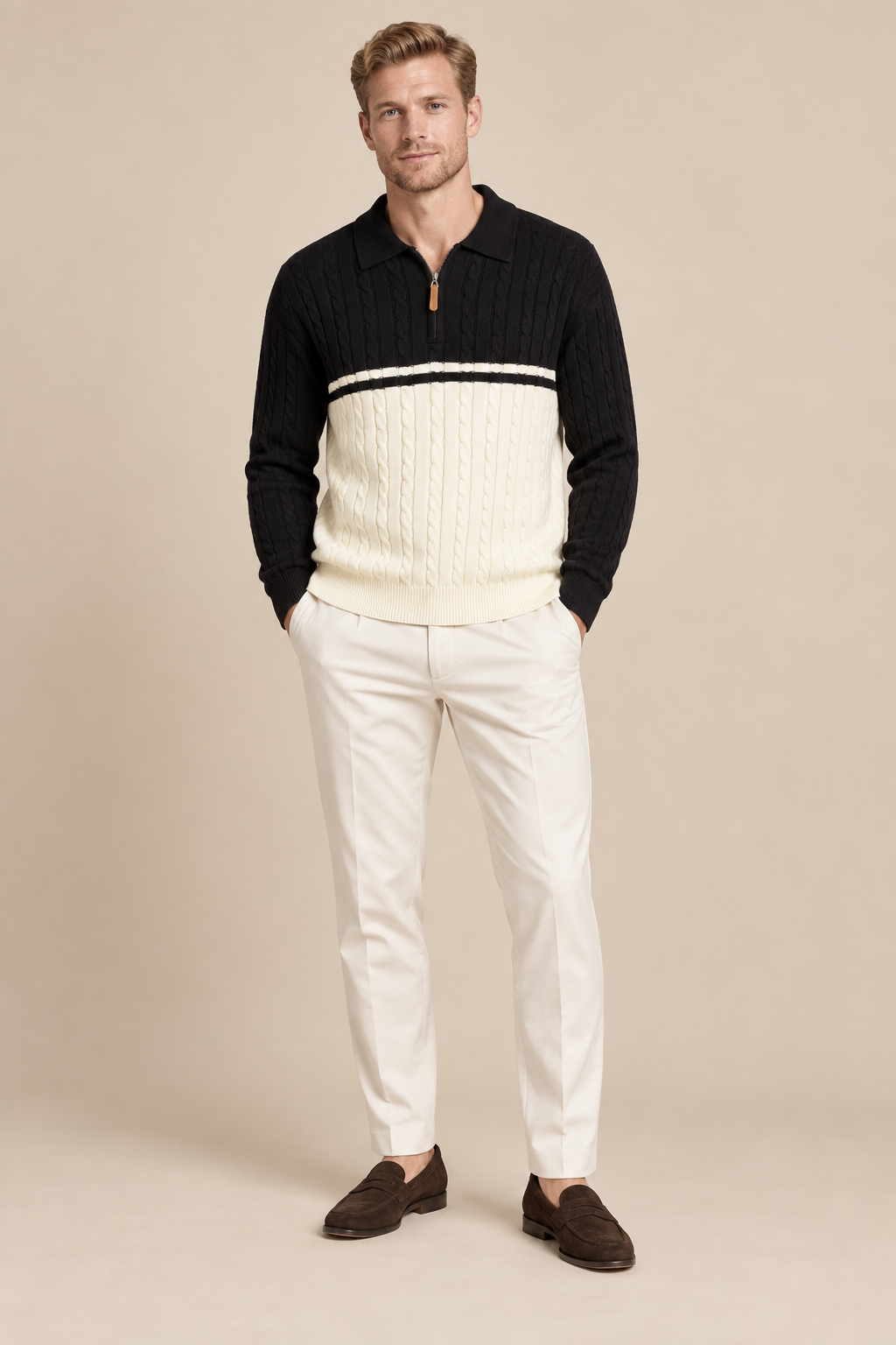 Men’s Cable Knit Quarter-Zip Jumper with Contrast Panel
